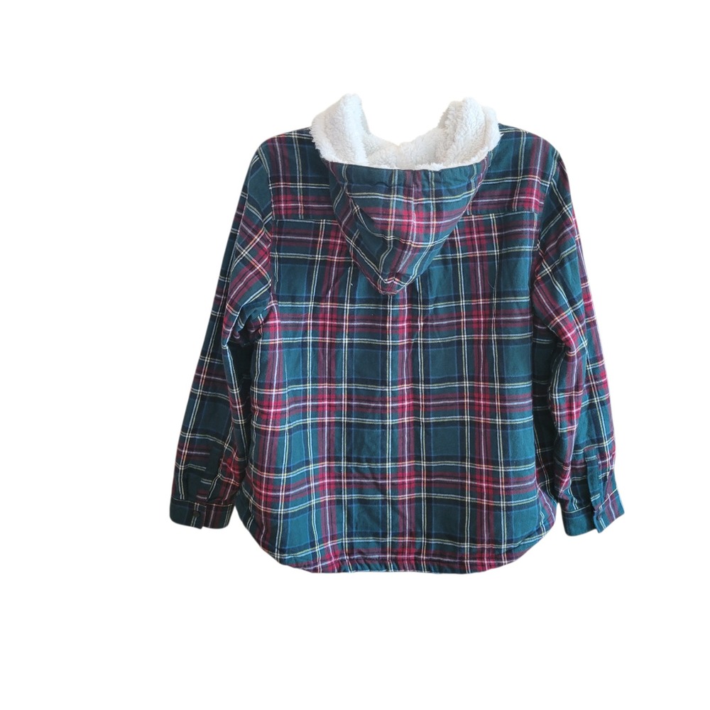 LL Bean Womans Sherpa Lined Plaid Flannel Jacket Hoodie XL Petite Relaxed Fit - Picture 3 of 12